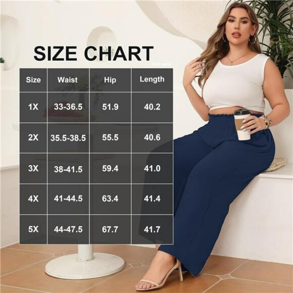 Plus Size Wide Leg Palazzo Pants Elastic Waist Loose Work Trousers Pockets - Picture 6 of 7